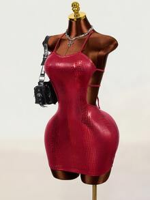 Mistrie Dark Red Leopard Print Crocodile Embossed Glossy Spaghetti Strap Bodycon Mini Dress Side Cutout Sexy Tight Fit Party Night Out Club Halloween Summer - Red - View 4