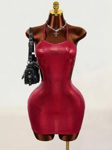 Mistrie Dark Red Leopard Print Crocodile Embossed Glossy Spaghetti Strap Bodycon Mini Dress Side Cutout Sexy Tight Fit Party Night Out Club Halloween Summer - Red - View 3