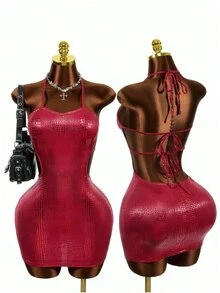 Mistrie Dark Red Leopard Print Crocodile Embossed Glossy Spaghetti Strap Bodycon Mini Dress Side Cutout Sexy Tight Fit Party Night Out Club Halloween Summer - Red - View 1