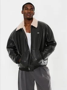 FORM&CHAOS Men's Autumn/Winter Black Leather Fur Loose Collar Jacket - Multicolor - View 1