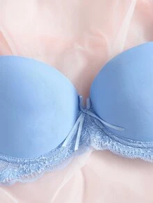SHEIN 对比色蕾丝超级聚拢文胸和内裤内衣套装，可爱 - 淺藍色 - 查看 7