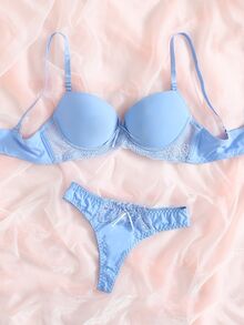 SHEIN 对比色蕾丝超级聚拢文胸和内裤内衣套装，可爱 - 淺藍色 - 查看 5