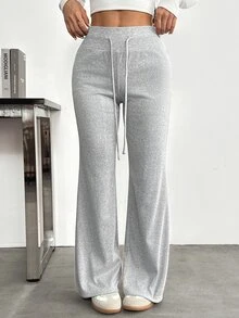 SHEIN PETITE Women's Solid Color Drawstring Waist Casual Flare Pants - Light Grey - View 4