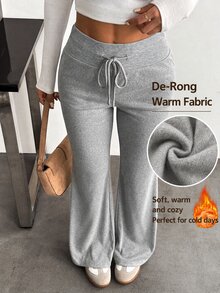 SHEIN PETITE Women's Solid Color Drawstring Waist Casual Flare Pants - Light Grey - View 3