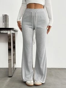 SHEIN PETITE Women's Solid Color Drawstring Waist Casual Flare Pants - Light Grey - View 5