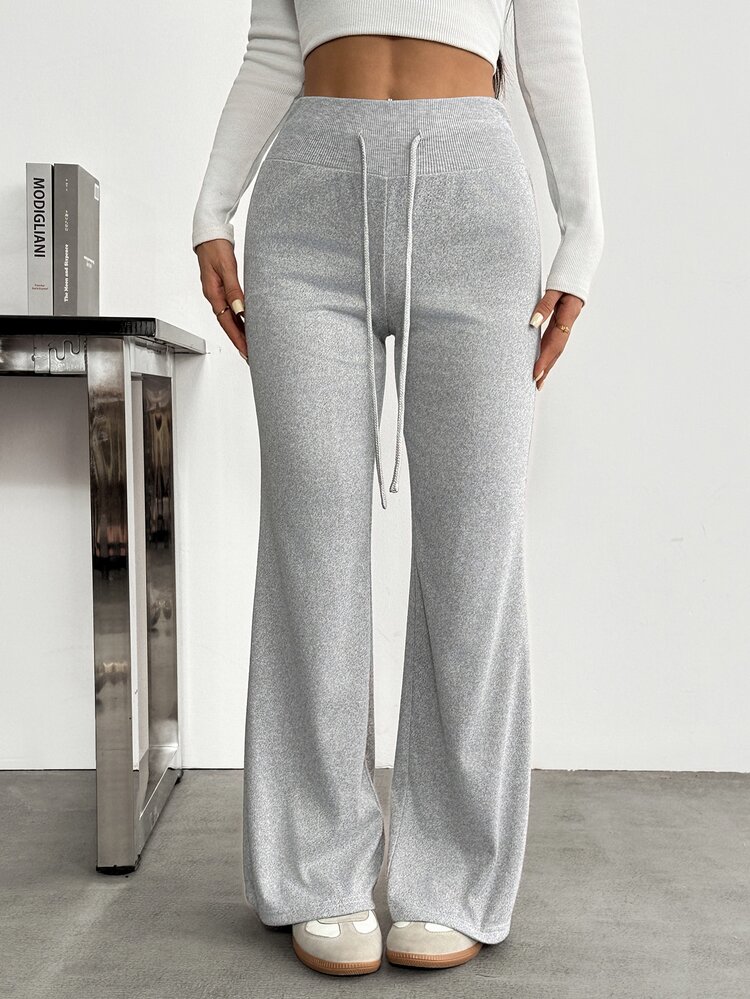 SHEIN PETITE Women's Solid Color Drawstring Waist Casual Flare Pants - Light Grey - View 5