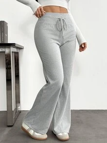 SHEIN PETITE Women's Solid Color Drawstring Waist Casual Flare Pants - Light Grey - View 6
