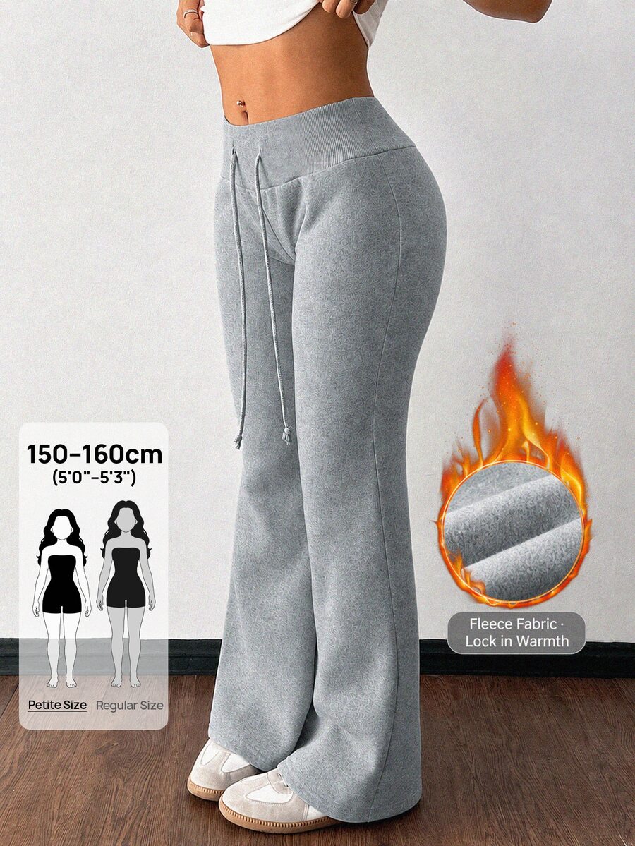 SHEIN PETITE Women's Solid Color Drawstring Waist Casual Flare Pants - Light Grey - View 1