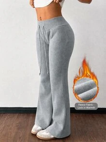 SHEIN PETITE Women's Solid Color Drawstring Waist Casual Flare Pants - Light Grey - View 11