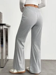 SHEIN PETITE Women's Solid Color Drawstring Waist Casual Flare Pants - Light Grey - View 2