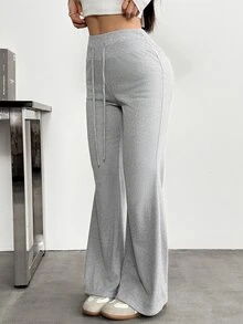 SHEIN PETITE Women's Solid Color Drawstring Waist Casual Flare Pants - Light Grey - View 9