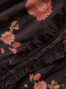 SHEIN LUNE 女款花卉印花百褶休閒浪漫優雅百搭日常穿著襯衫，適合早午餐與外出，棕色花卉秋季款 - 棕色 - 查看 4