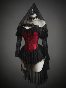Amplova 性感蕾絲修身前開扣露肩洋裝，萬聖節 Cosplay 裝扮 - 紅色和黑色 - 查看 5