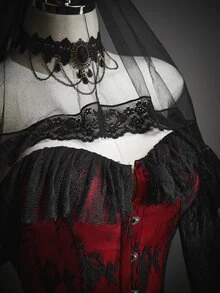 Amplova 性感蕾絲修身前開扣露肩洋裝，萬聖節 Cosplay 裝扮 - 紅色和黑色 - 查看 6