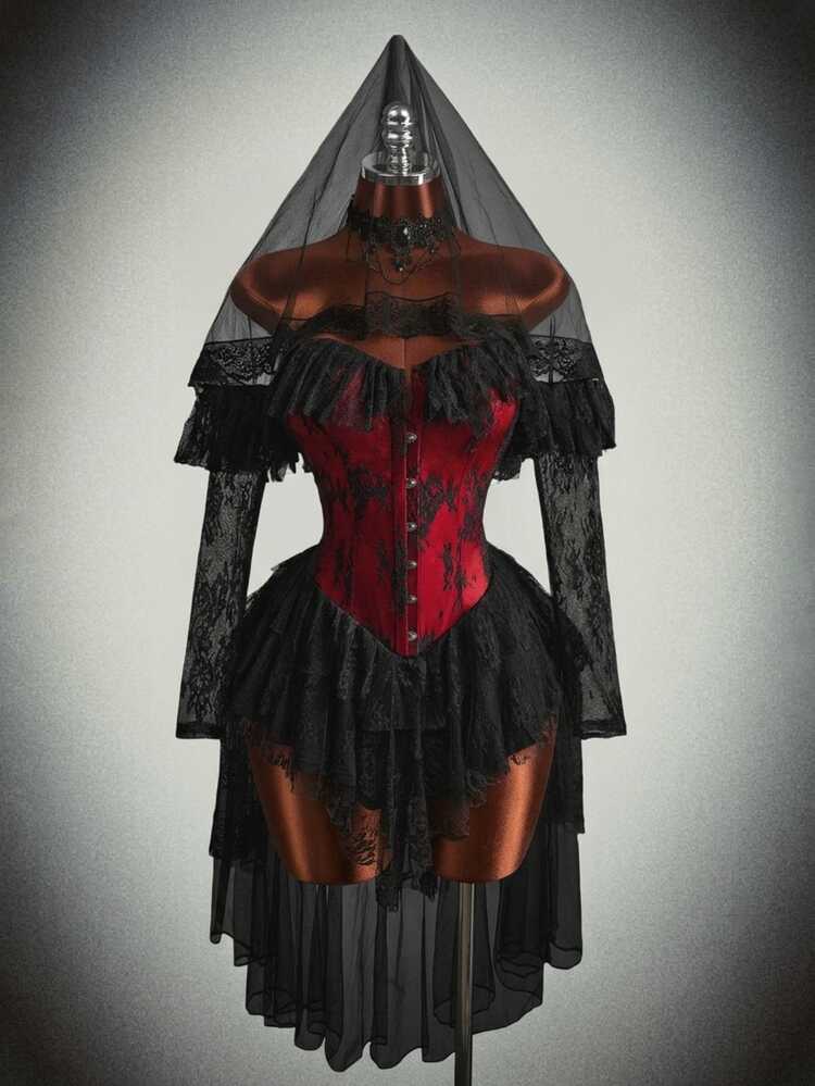 Amplova Gaun Seksi Berenda Pas Badan dengan Kancing Depan dan Bahu Terbuka untuk Kostum Halloween dan Cosplay - Merah dan hitam - View 1