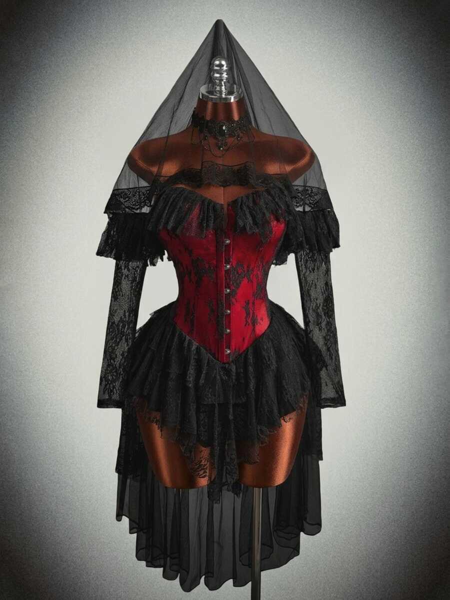 Amplova 性感蕾絲修身前開扣露肩洋裝,萬聖節 Cosplay 裝扮 - 紅色和黑色 - 查看 1