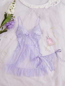 Seduluxe Women's Sexy Lace Mesh Patchwork Dress + G-String 2pcs Set - Mauve Purple - View 3