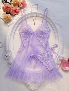 Seduluxe Women's Sexy Lace Mesh Patchwork Dress + G-String 2pcs Set - Mauve Purple - View 1