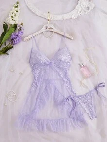 Seduluxe Women's Sexy Lace Mesh Patchwork Dress + G-String 2pcs Set - Mauve Purple - View 6