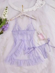 Seduluxe Women's Sexy Lace Mesh Patchwork Dress + G-String 2pcs Set - Mauve Purple - View 4