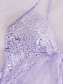 Seduluxe Women's Sexy Lace Mesh Patchwork Dress + G-String 2pcs Set - Mauve Purple - View 7
