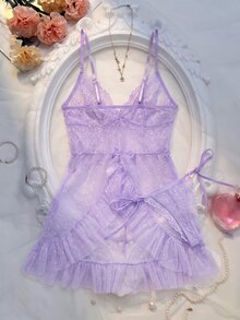 Seduluxe Women's Sexy Lace Mesh Patchwork Dress + G-String 2pcs Set - Mauve Purple - View 2