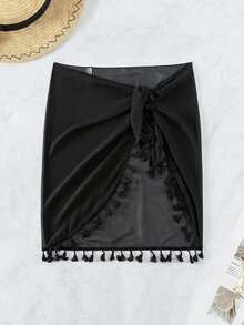 SHEIN Swim Basics تنورة شفافة مع شبكة وحواف حبكة على شكل فتيل للنساء - الأسود - مشاهدة 4