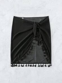 SHEIN Swim Basics تنورة شفافة مع شبكة وحواف حبكة على شكل فتيل للنساء - الأسود - مشاهدة 5