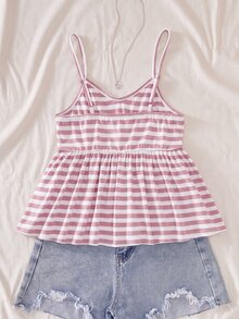 青少年女孩夏季休閒可愛細肩帶V領收腰條紋背心上衣，簡約Y2K校園風粉色與白色條紋度假穿搭 - 粉色 - 查看 2