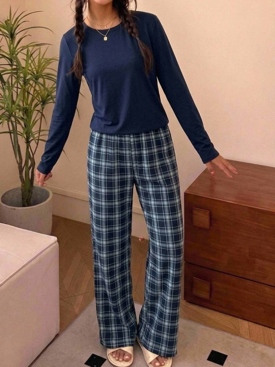 SHEIN 青少年女孩純色長袖上衣與格紋長褲休閒居家睡衣套裝,秋季穿搭,秋季服飾,居家服,舒適 - 藏蓝色 - 查看 1