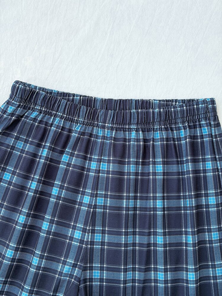 SHEIN طقم ملابس نوم منزلي كاجوال يومي للبنات المراهقات، ملابس علوية أكمام طويلة بلون سادة وبنطلون كاروهات، ملابس خريفية مريحة - أزرق بحري - مشاهدة 7