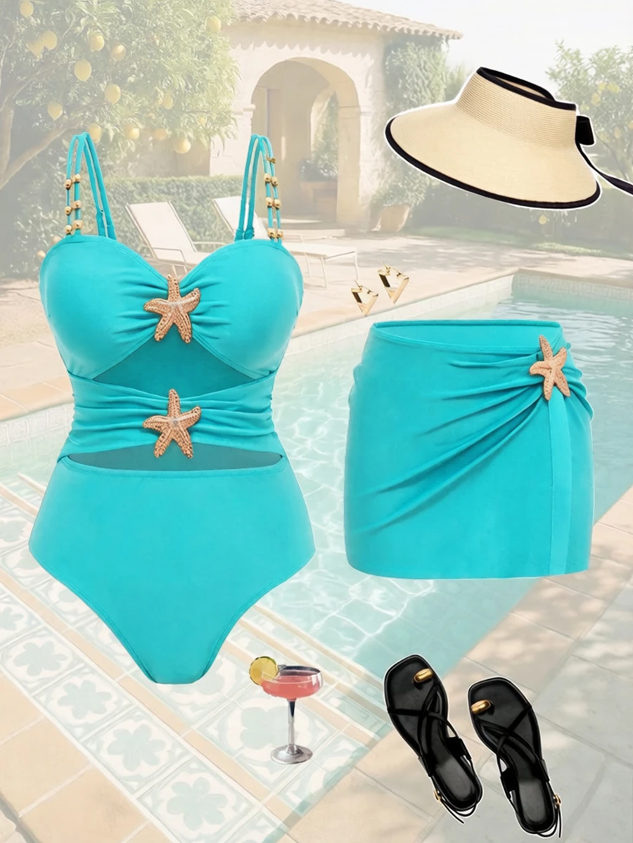 Swim Oasis 2026新款純色拼接連身泳衣,附海星裝飾與裙襬,2件套海灘度假裝 - 薄荷藍 - 查看 1
