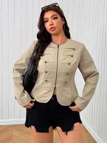 SHEIN EZwear جاكيت نسائي مقاس كبير بلون موحد بسحاب كاجوال متعدد الاستخدامات يومي بأكمام طويلة - كاكي - مشاهدة 7