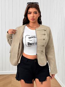 SHEIN EZwear جاكيت نسائي مقاس كبير بلون موحد بسحاب كاجوال متعدد الاستخدامات يومي بأكمام طويلة - كاكي - مشاهدة 8