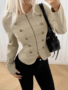 SHEIN EZwear جاكيت نسائي مقاس كبير بلون موحد بسحاب كاجوال متعدد الاستخدامات يومي بأكمام طويلة - كاكي - مشاهدة 5