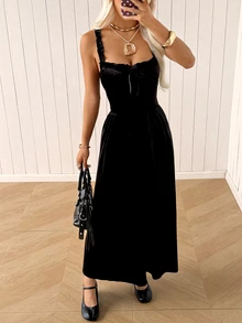 SHEIN EZwear 女款純色百褶休閒浪漫優雅派對晚餐雞尾酒洋裝，萬聖節黑色秋季款 - 黑色 - 查看 6