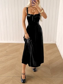 SHEIN EZwear 女款純色百褶休閒浪漫優雅派對晚餐雞尾酒洋裝，萬聖節黑色秋季款 - 黑色 - 查看 5