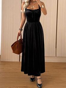 SHEIN EZwear 女款純色百褶休閒浪漫優雅派對晚餐雞尾酒洋裝，萬聖節黑色秋季款 - 黑色 - 查看 9