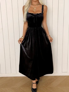 SHEIN EZwear 女款純色百褶休閒浪漫優雅派對晚餐雞尾酒洋裝，萬聖節黑色秋季款 - 黑色 - 查看 8