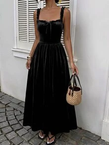 SHEIN EZwear 女款純色百褶休閒浪漫優雅派對晚餐雞尾酒洋裝，萬聖節黑色秋季款 - 黑色 - 查看 7