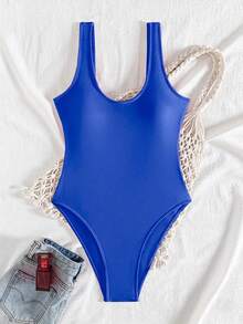 Swim Basics 2025新款女士纯色连体泳衣，适合海滩度假 - 寶藍色 - 查看 2