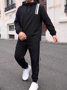 SHEIN 2件組兒童青少年男孩休閒日常百搭舒適織帶連帽半拉鍊套頭寬鬆長袖外套與寬鬆慢跑褲套裝，適合秋冬 - 黑色 - 查看 5