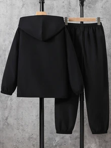 SHEIN 2件組兒童青少年男孩休閒日常百搭舒適織帶連帽半拉鍊套頭寬鬆長袖外套與寬鬆慢跑褲套裝，適合秋冬 - 黑色 - 查看 3