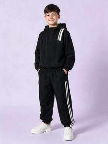 SHEIN 2件組兒童青少年男孩休閒日常百搭舒適織帶連帽半拉鍊套頭寬鬆長袖外套與寬鬆慢跑褲套裝，適合秋冬 - 黑色 - 查看 6
