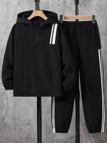 SHEIN 2件組兒童青少年男孩休閒日常百搭舒適織帶連帽半拉鍊套頭寬鬆長袖外套與寬鬆慢跑褲套裝，適合秋冬 - 黑色 - 查看 2