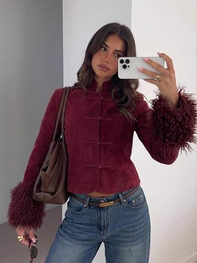Siren Gaze Women's Elegant Suede Fabic Jacket Short Length Outerwear Frog Button Faux Fur Cuffs Plush Trim Burgundy Red Vintage Luxury Fall/Winter Christmas