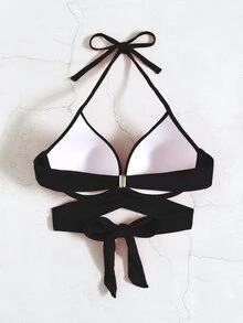 Swim Basics Summer Beach Wrap Push Up Bikini Top - Black - View 3