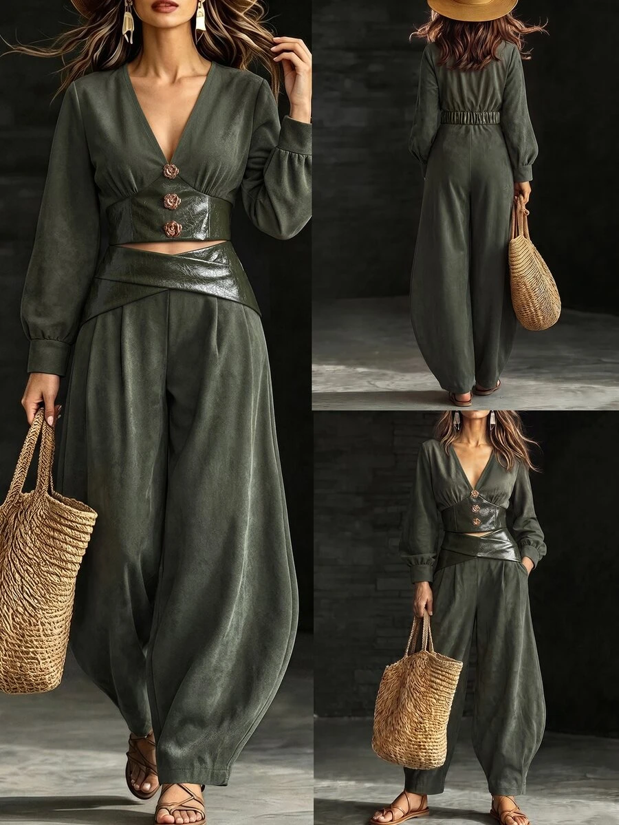 Breezaya Lady's Two Pieces Spring And Autumn Commuting Retro Elegant Olive Green Leather Deep V-Neck Lantern Sleeve Top 3D Rose Button Barrel Leg Long Pants - Dark Green - View 1