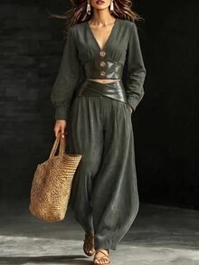 Breezaya Lady's Two Pieces Spring And Autumn Commuting Retro Elegant Olive Green Leather Deep V-Neck Lantern Sleeve Top 3D Rose Button Barrel Leg Long Pants - Dark Green - View 3