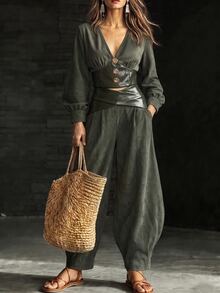 Breezaya Lady's Two Pieces Spring And Autumn Commuting Retro Elegant Olive Green Leather Deep V-Neck Lantern Sleeve Top 3D Rose Button Barrel Leg Long Pants - Dark Green - View 4